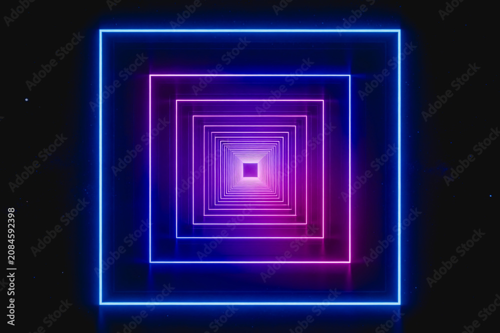 Fototapeta premium A symmetrical futuristic neon tunnel of concentric squares glows in deep dark cosmic space, with blue outer frames and purple inner layers.