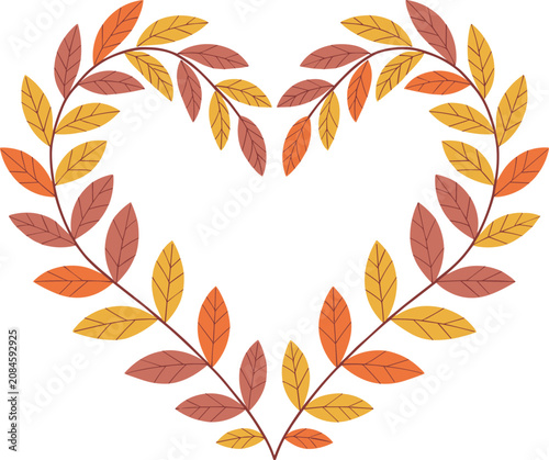 Heart shaped wreath made of colorful autumn leaves and branches on a white background, for romantic or, seasonal fall-themed