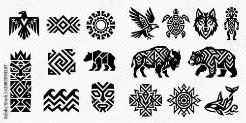 Cuadro en lienzo Set of Native American tribal symbols and animal icons, including eagle, turtle, wolf, bear, bison, and whale, in a geometric style