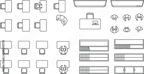Fotografie furniture cad block library, top view chairs, tables, benches and seating layout