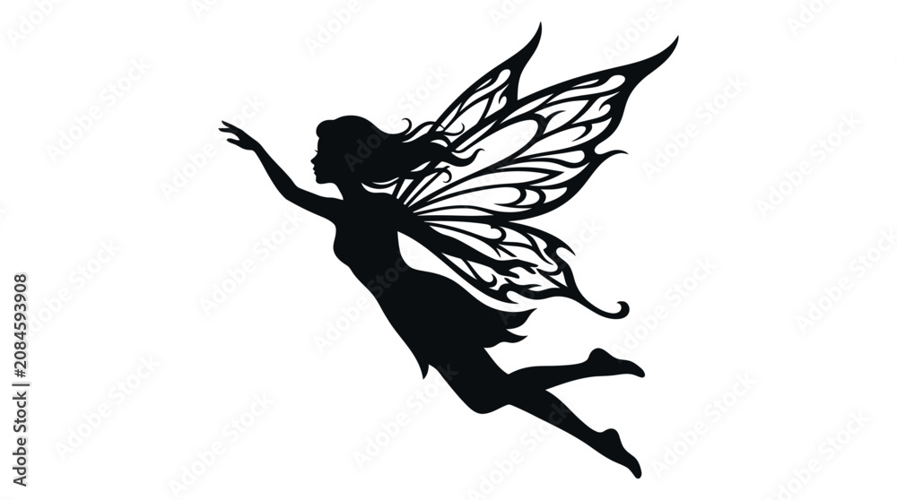 Fototapeta premium Fairy silhouette against a white background detailed wing ornamentation