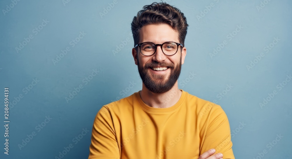 Obraz premium Portrait of a Happy Young Man with Beard and Glasses Wearing Yellow T-shirt Smiling at Camera on Blue Background