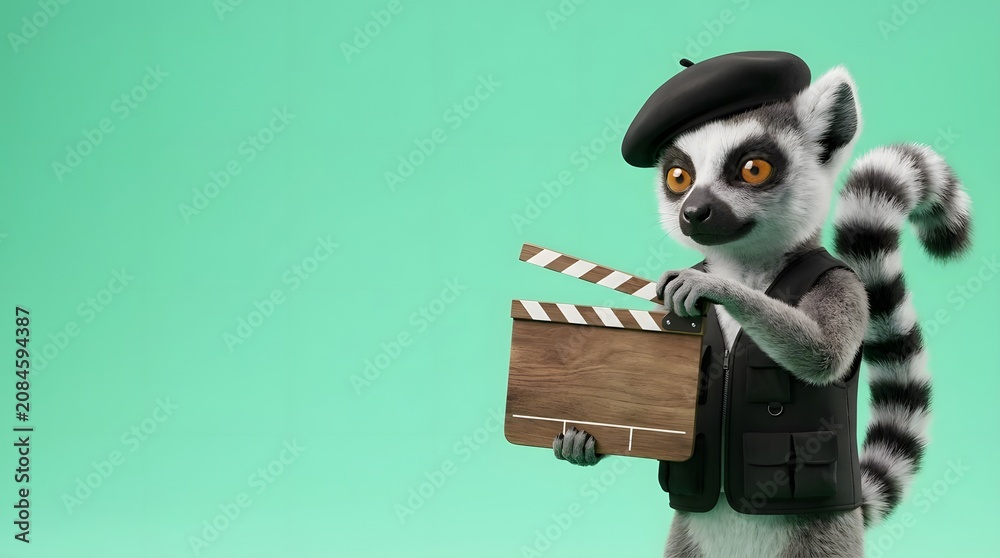 Fototapeta premium Cute lemur in beret and vest holding film clapperboard on a green background with copy space.