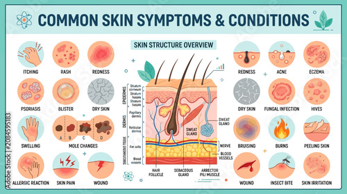 Skin Symptoms and Conditions Diagram Highlighting Common Disorders.