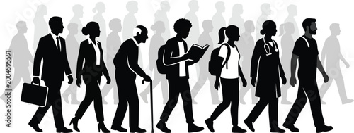 Diverse people walking silhouette collection featuring business professionals, students, healthcare workers and senior citizens in urban lifestyle vector set