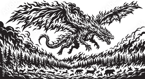 Cuadro en lienzo Powerful dragon soaring over a blazing forest as wildlife escapes
