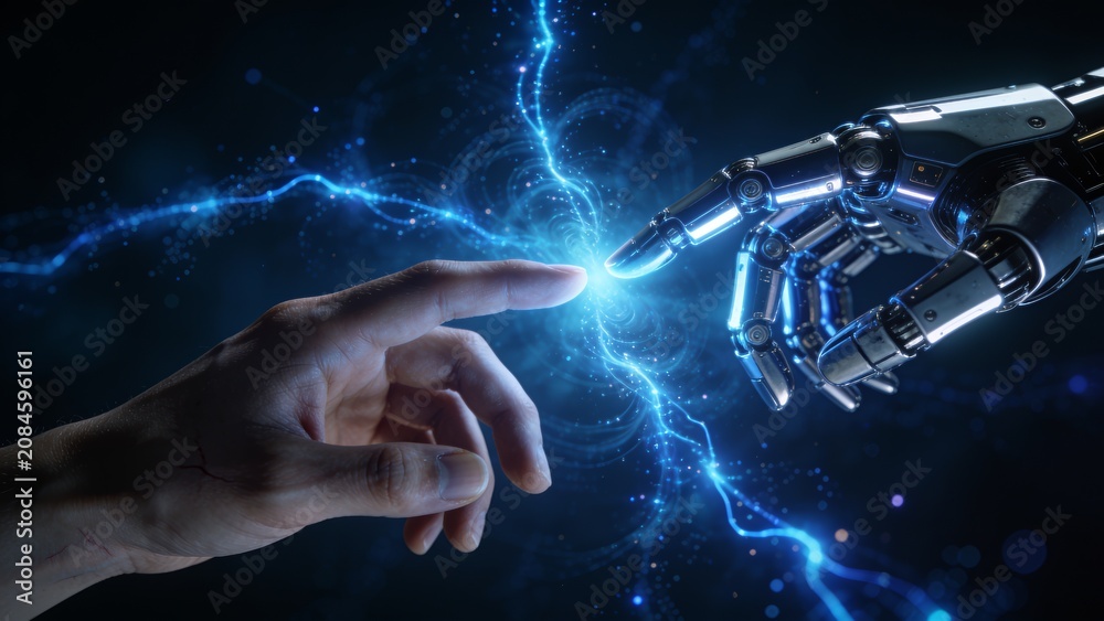 Fototapeta premium Human Hand Reaching to Touch Robotic Hand with Blue Energy