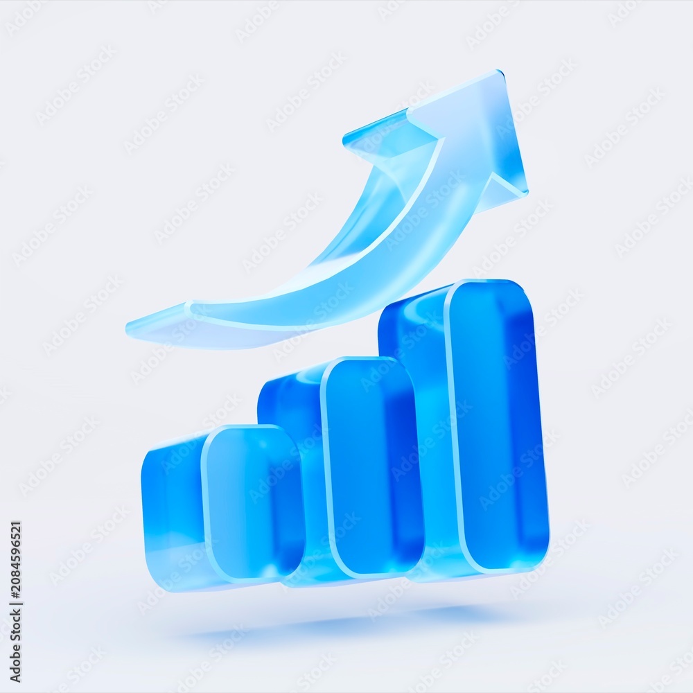 Fototapeta premium 3D growth chart icon with arrow isolated on white background, concept of business success and progress. Transparent Liquid Glass icon. 3D rendering.
