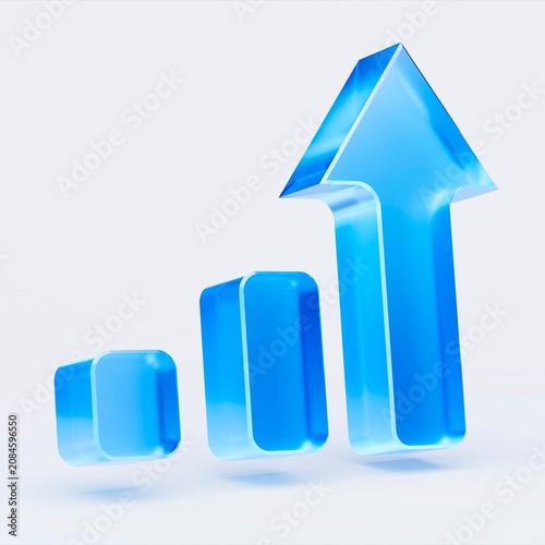 3D growth chart icon with arrow isolated on white background, concept of business progress and statistics. Transparent Liquid Glass icon. 3D rendering.