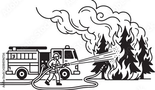 Fényképezés Firefighter battling a forest fire with a hose and fire truck