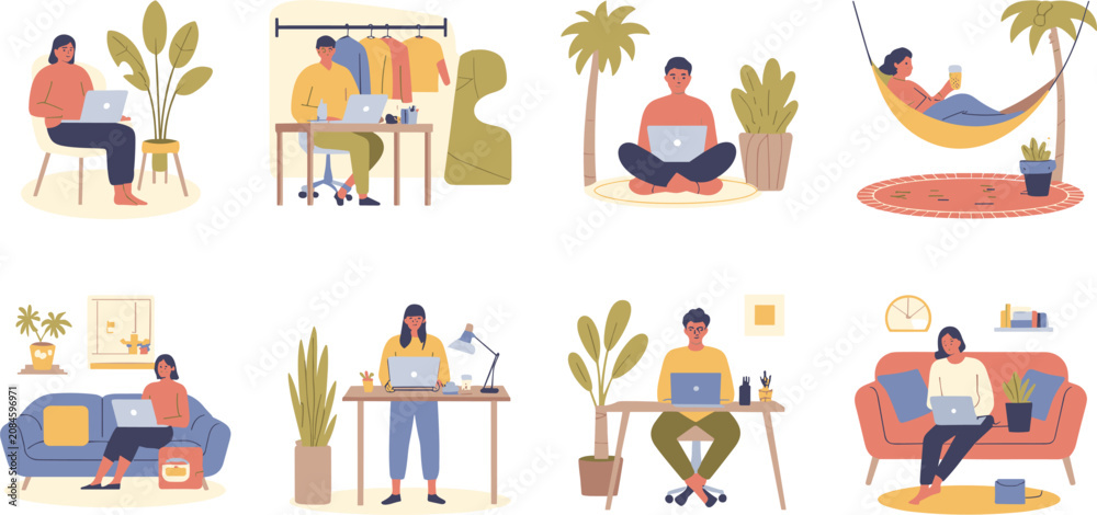 Fototapeta premium Freelancers working from home and outdoors set remote work people using laptops in cozy rooms hammock garden flat vector illustration