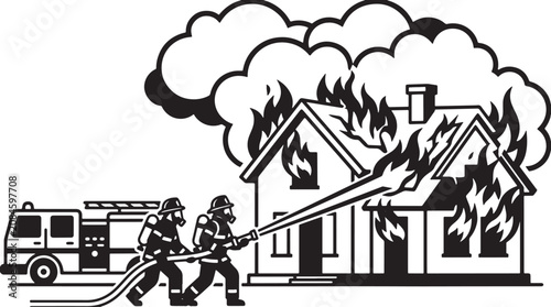 Fényképezés Firefighters battling a house fire with a water hose and truck