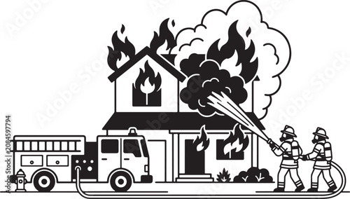 Cuadro en lienzo Firefighters extinguishing a burning house with a fire engine