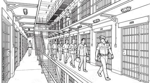 Bild auf Leinwand Prison block with inmates walking in line under guard supervision