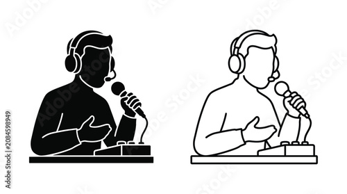 Foto Radio Host Silhouette With Microphone And Headphones Black And White