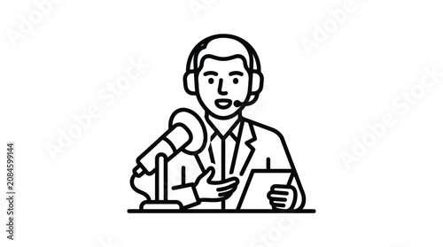 Obraz na płótnie Broadcaster with microphone and headset black line drawing on white background