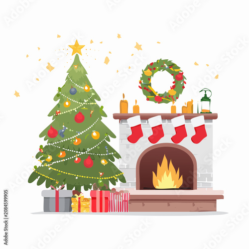 Decorated Christmas tree and fireplace with wrapped gift boxes