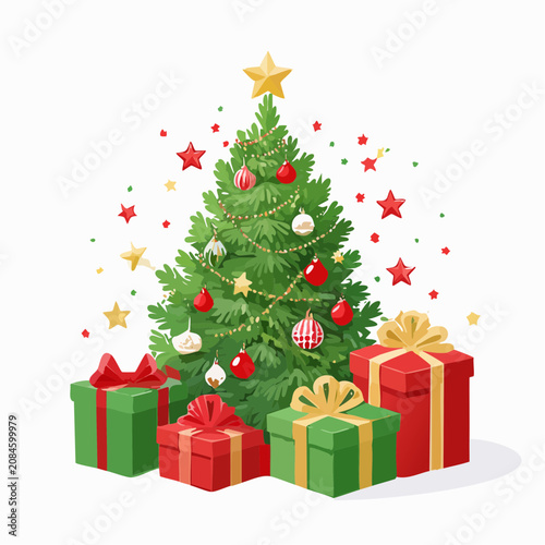 Decorated Christmas tree surrounded by colorful gifts.