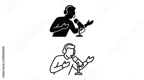 Obraz na płótnie Podcaster With Microphone Silhouette Black And White Line Art