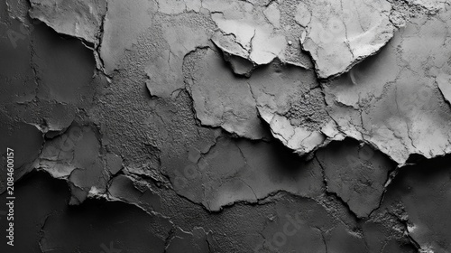 This monochromatic background highlights severe structural decay with peeling layers and deep cracks indicating neglect.