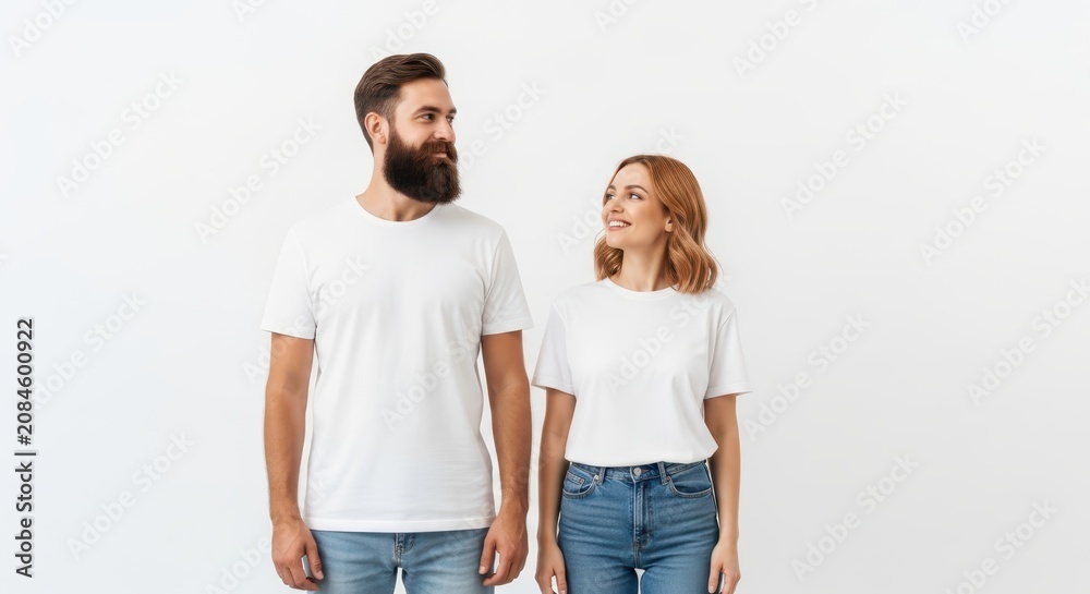 Fototapeta premium Happy Young Couple in Blank White T-Shirts and Jeans Looking at Each Other Isolated on White Background