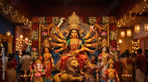 Vibrant durga puja celebration with goddess durga idol and devotees