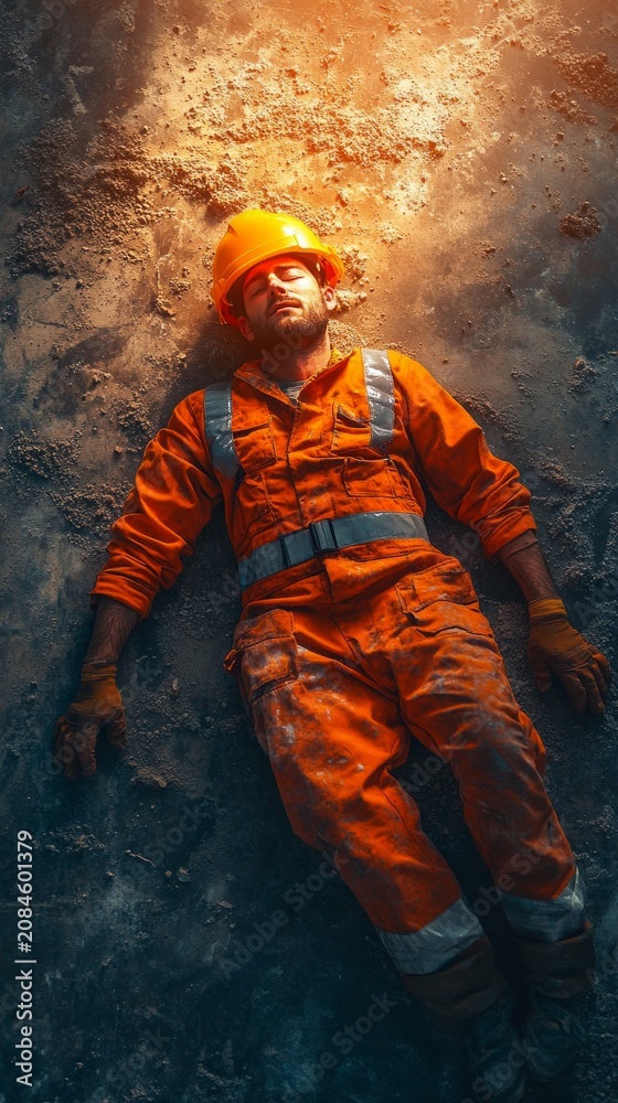 Fototapeta premium An unconscious worker in orange safety gear lies motionless on a dusty, debris-strewn background, highlighting severe workplace accidents and occupational hazards.