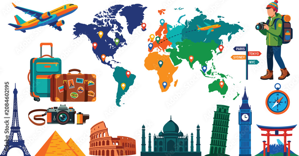 Fototapeta premium Global Travel and Tourism Vector Set with World Map, Airplane, Backpacker, Luggage, and Famous International Landmarks for Vacation Planning Designs