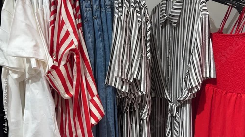 Striped Shirts Denim Jeans And Red Dress Displayed In Fashion Boutique