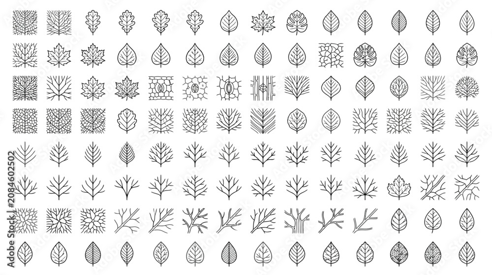 Fototapeta premium Collection of Hand-Drawn Leaf and Branch Icons, Vector Botanical Illustrations