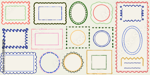 collection of colorful hand drawn frames on light background rectangular frame oval zigzag border dotted line scalloped edge vector illustration pattern