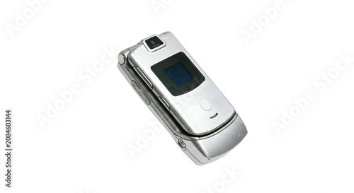 Retro flip phone in shiny silver plastic