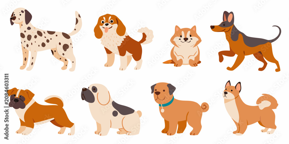 Obraz premium cute cartoon dog breeds collection in flat vector style on white background dogs illustration canine puppy dalmatian beagle shiba inu boxer