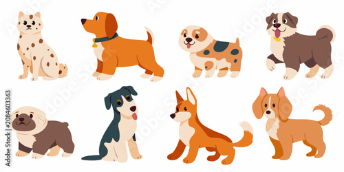 cute cartoon dog breeds collection in flat vector style dogs illustration canine puppy animal pet design graphic artwork character friendly adorable
