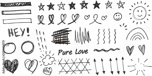 Cuadro en lienzo playful black marker doodles collection with stars hearts and arrows white backg