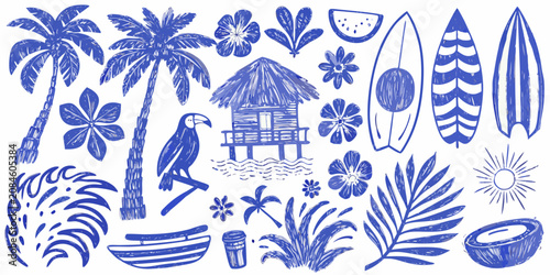 tropical scene detailed illustration with palm trees surfboards flowers and hut sketch blue white background summer vacation beach travel holiday pattern