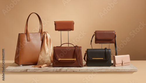 Elegant leather handbag brown purse black shoulder bag beige tote bag luxury accessory fashion display minimalist style marble shelf silk scarf neutral background Modern elegant leather handbag