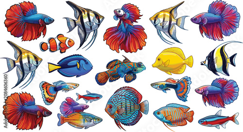 Bild auf Leinwand Tropical Aquarium Fish Vector Set Featuring Colorful Betta Clownfish Angelfish D