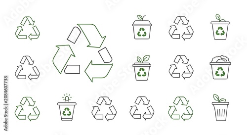 Geometric recycling icons with arrows and household waste containers illustrate sustainable waste management practices for environmental campaigns.