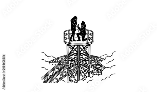 Photos Man proposing to woman on top of a radio tower above the clouds, extreme height