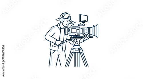 Filmmaker with Camera on Tripod, Recording Video with Headphones and Cap