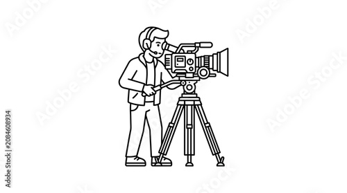 Filmmaker with camera on tripod, professional video recording, broadcast media concept