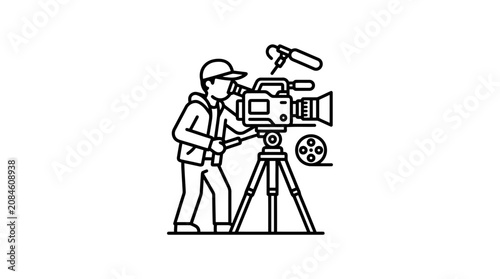 Filmmaker with Camera on Tripod, Recording Video, Microstock Line Art Icon