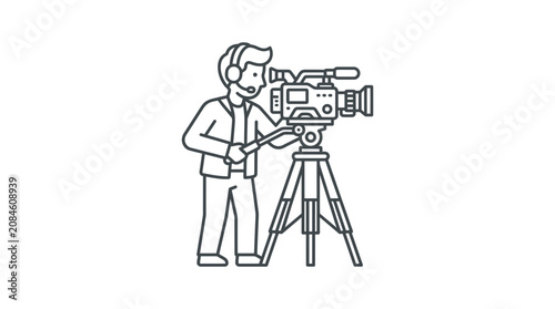 Cameraman with Professional Video Camera on Tripod, Filming Footage