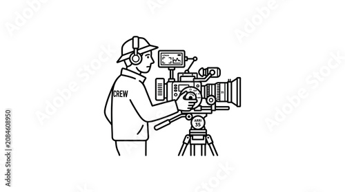 Filmmaker Operating Professional Camera on Tripod, Crew Jacket