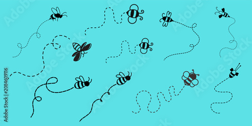 Fotografie Cute Flying Bee Vector Illustration Set