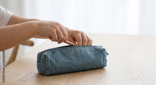 Close up of child hands putting a wooden pencil into a blue fabric pencil case on a desk