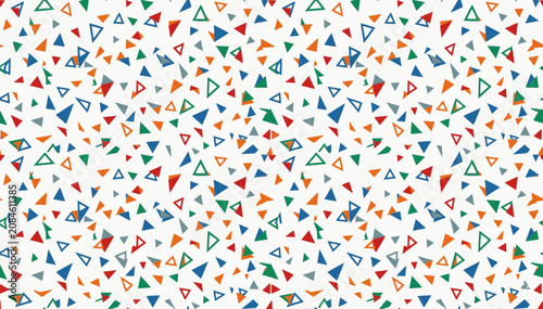 Seamless festive pattern with colorful geometric triangles, confetti style, minimalist design
