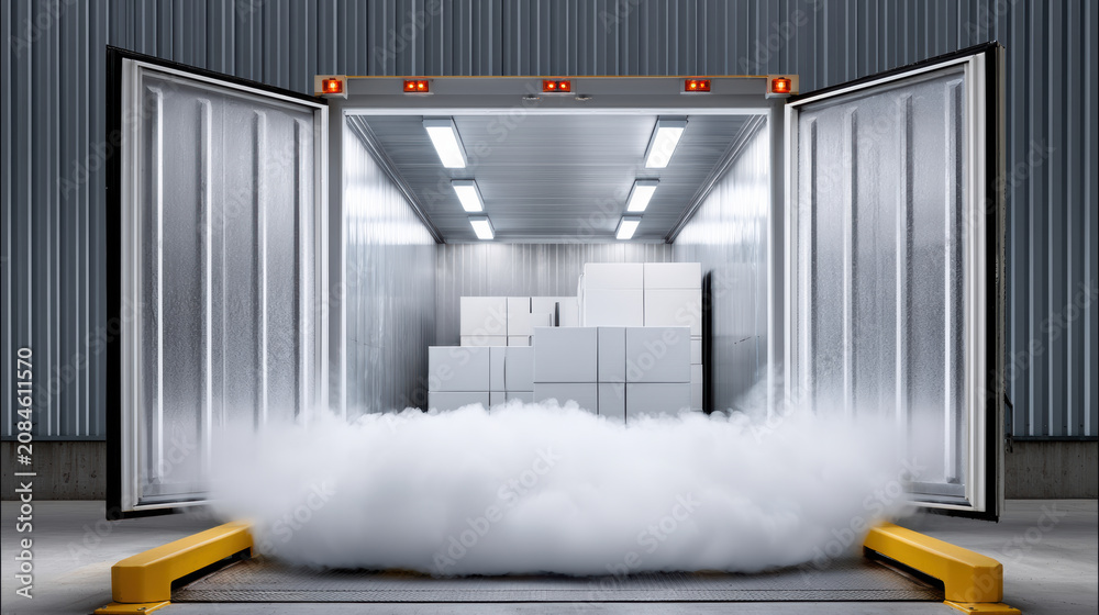 Obraz premium Refrigerated trailer cold storage shipping container logistics transportation ice fog warehouse metal industrial boxes. refrigerated trailer with