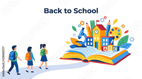 Back to school scene with students and open book landscape